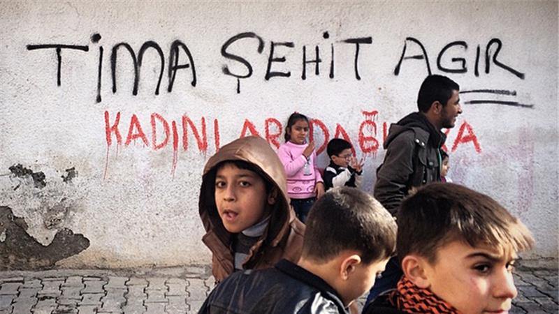 Children in Cizre at a protest over the death of a Kurdish boy killed in clashes